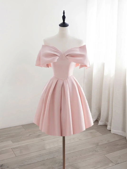 A-Line Off Shoulder Satin Pink Short Party Dress