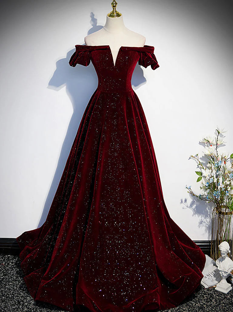 Burgundy velvet beads long prom dress burgundy evening dress