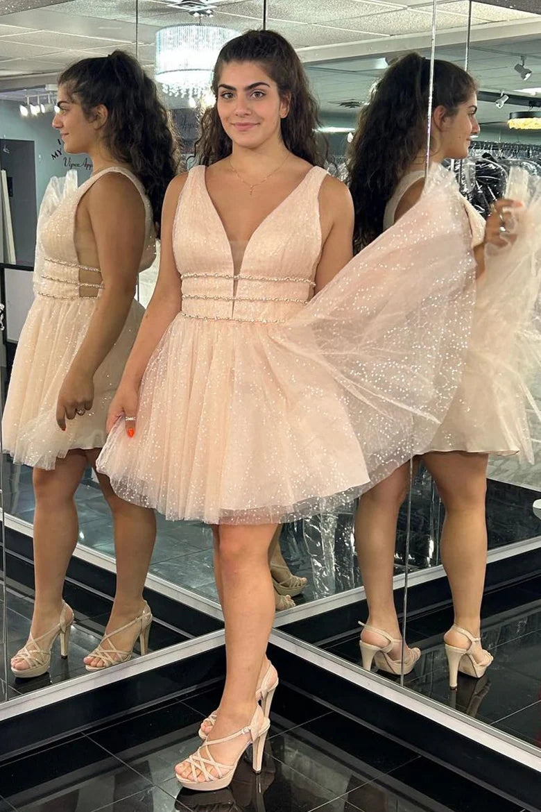 Cute A Line V Neck Sequins Light Blue Short Homecoming Dresses with Appliques VK24101701