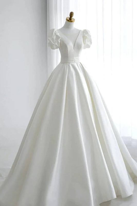 A Line V Neck White Wedding Dress with Short Sleeves