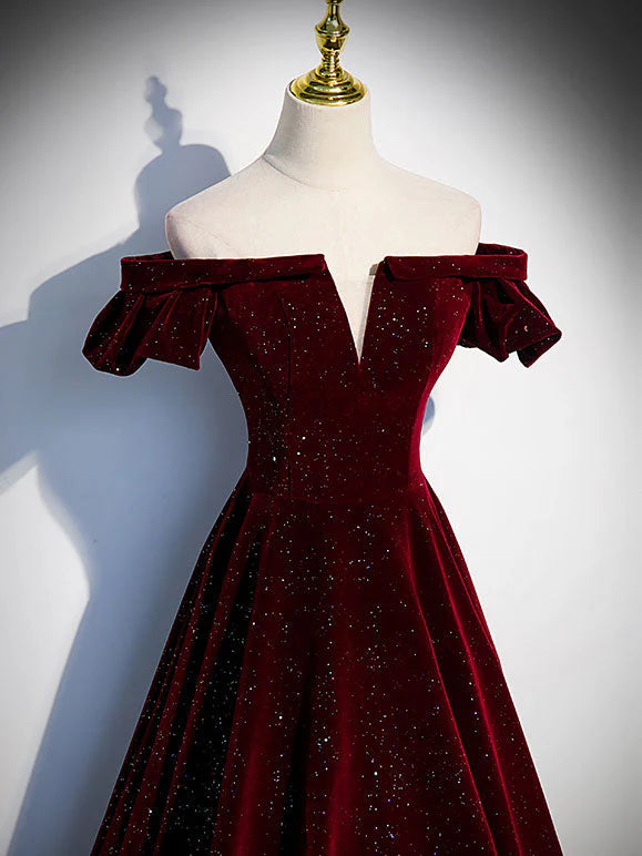 Burgundy velvet beads long prom dress burgundy evening dress