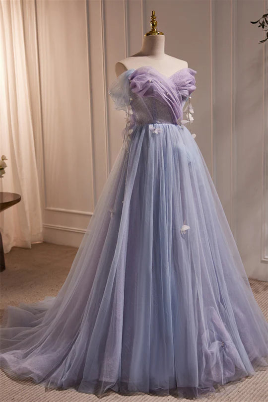 Off the Shoulder Lilac Tulle Formal Prom Dress with Butterflies