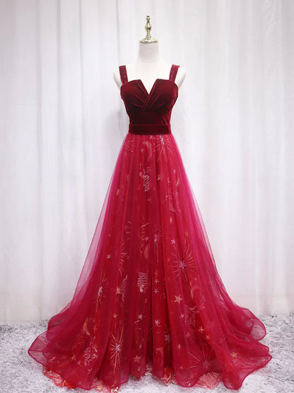 A-Line Burgundy Tulle Lace Long Prom Dress