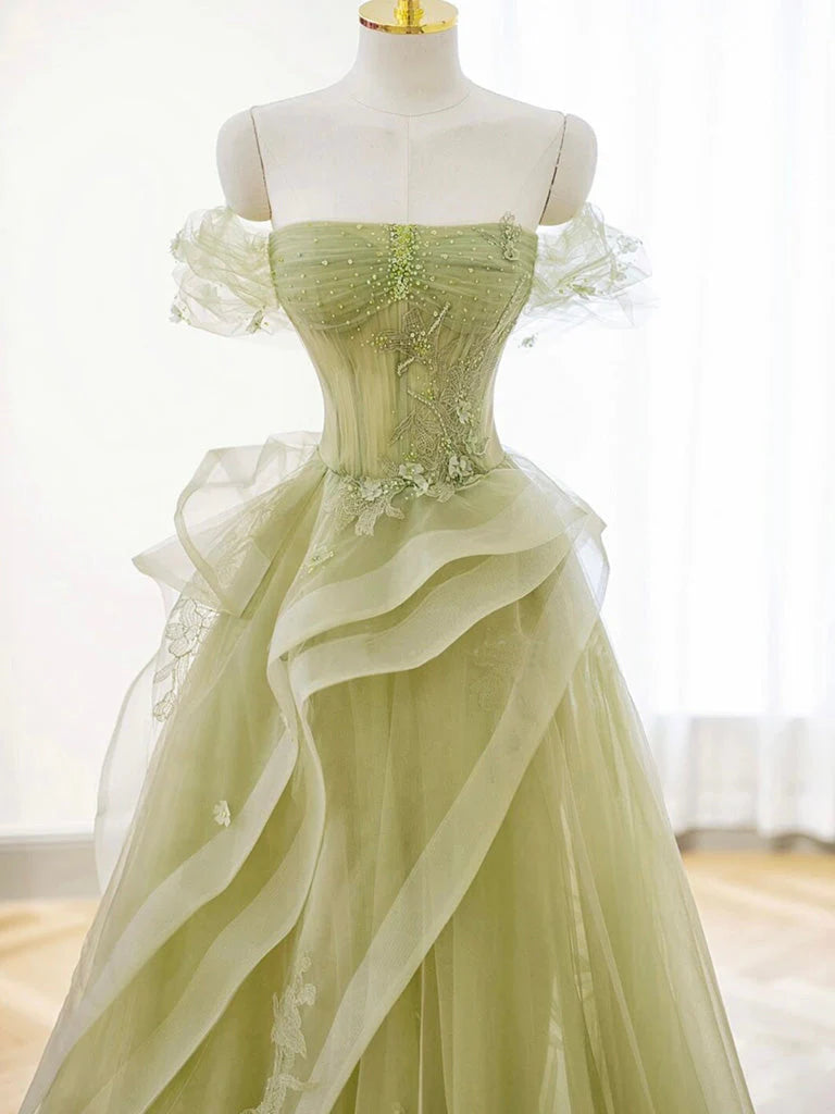 Unique Off The Shoulder Tulle Lace Applique Evening Dress,Green Long Prom Dress Y8395