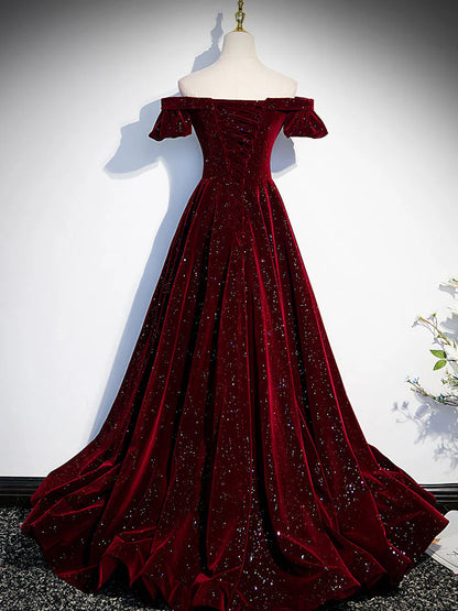 Burgundy velvet beads long prom dress burgundy evening dress