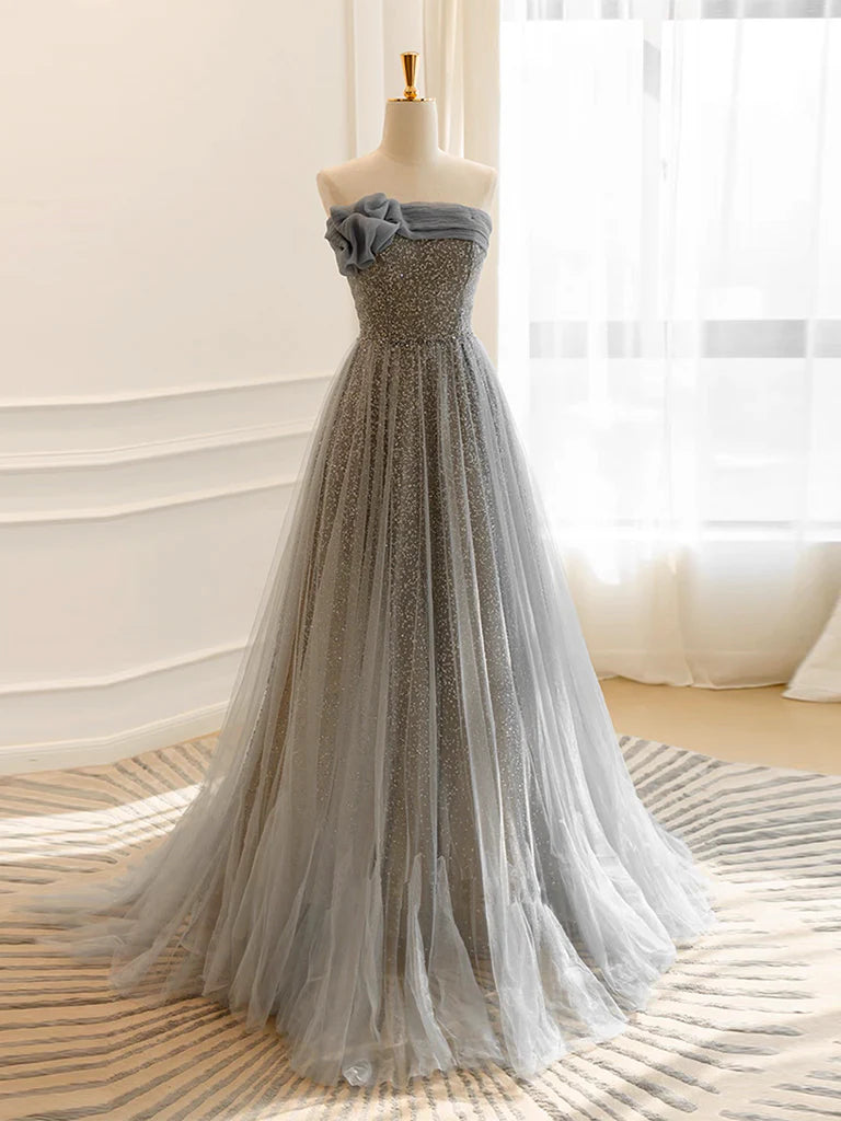 A-Line Gray Tulle Sequin Long Prom Dress