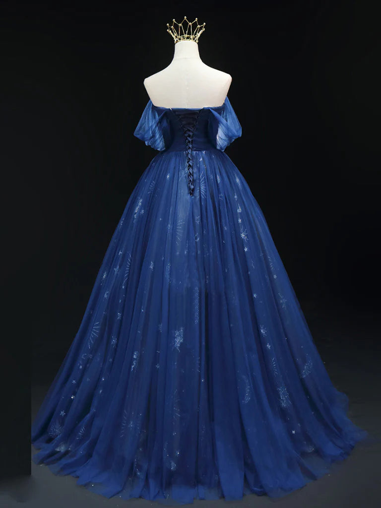 A-Line Off Shoulder Tulle Dark Blue Long Prom Dress