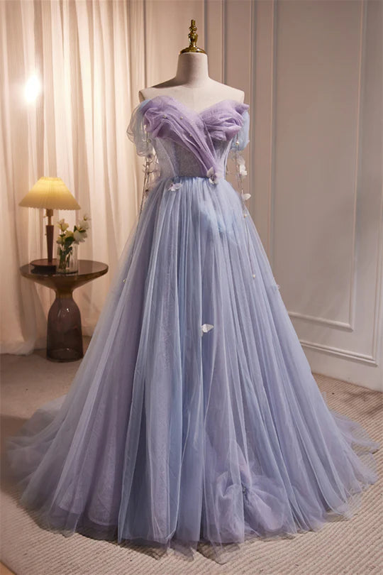 Off the Shoulder Lilac Tulle Formal Prom Dress with Butterflies