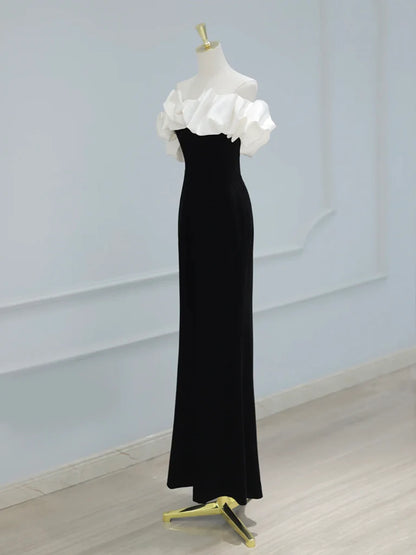 Off Shoulder Velvet Satin Black Long Prom Dress Black Long Party Dress