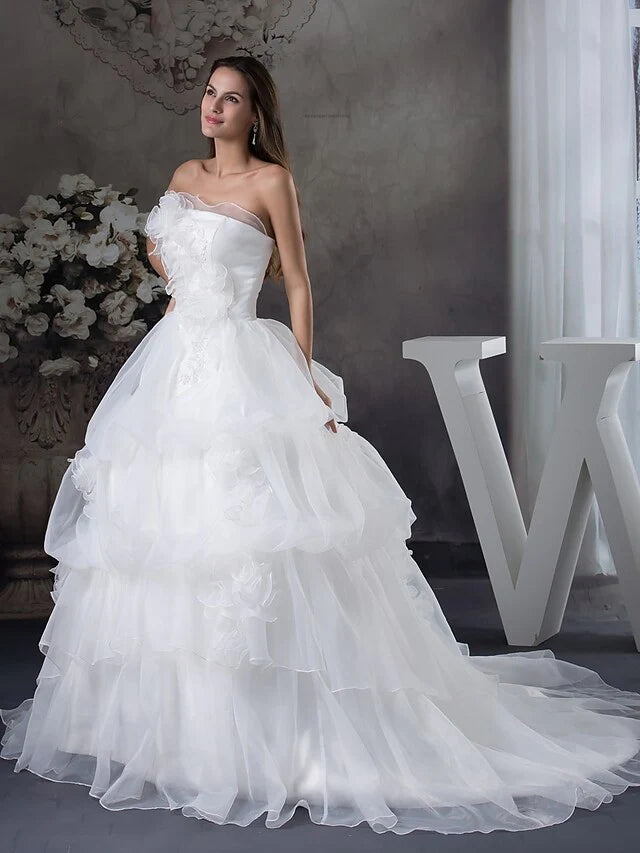 A-Line Wedding Dresses Strapless Chapel Train Organza Satin Strapless with Pick Up Skirt