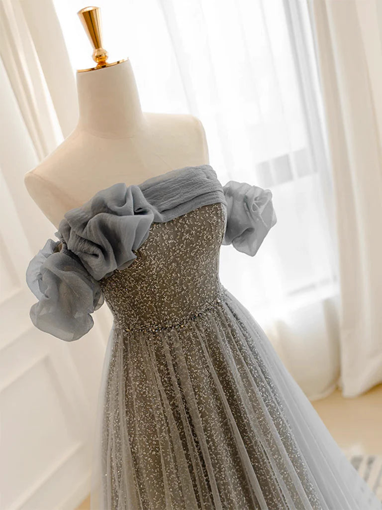 A-Line Gray Tulle Sequin Long Prom Dress