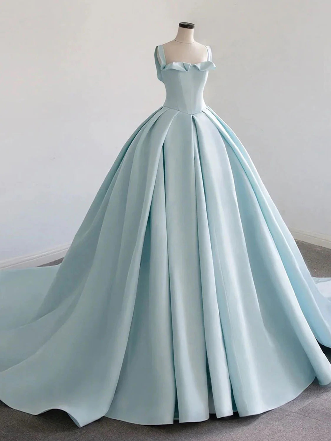 Blue Satin Sweep Train Long Prom Dresses