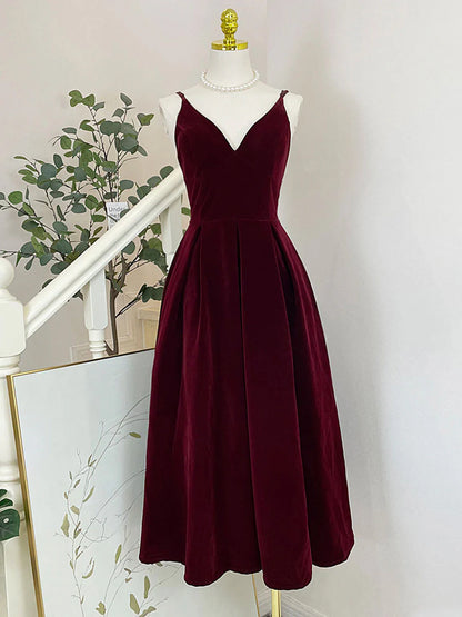 A-Line V Neck Velvet Burgundy Tea Length Prom Dress