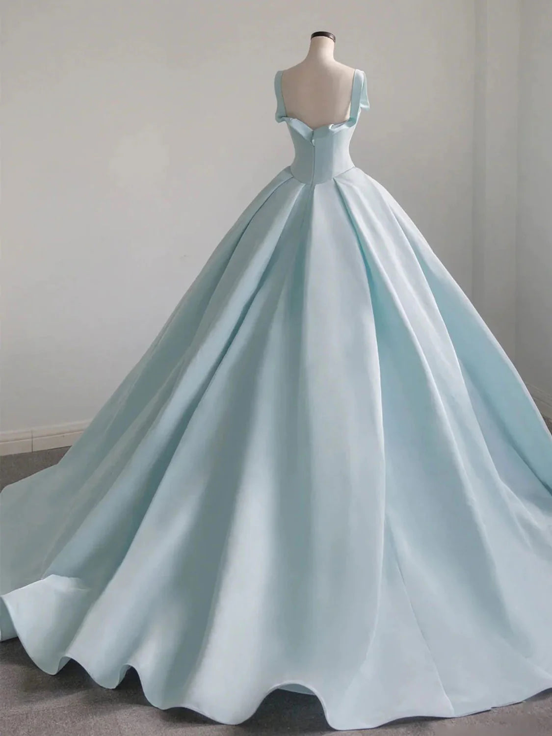 Blue Satin Sweep Train Long Prom Dresses