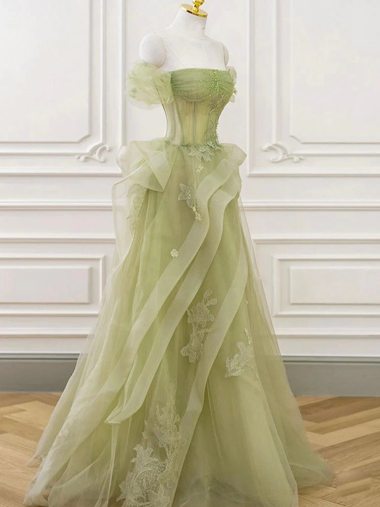 A Line Off the Shoulder Tulle Long Prom Dress, Green Formal Gown with Sequins UQP0269