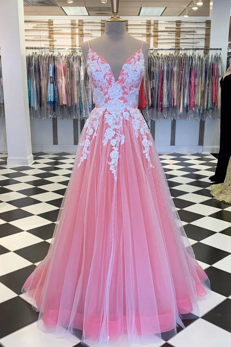 Pink v neck tulle lace long prom dress pink tulle lace evening dress