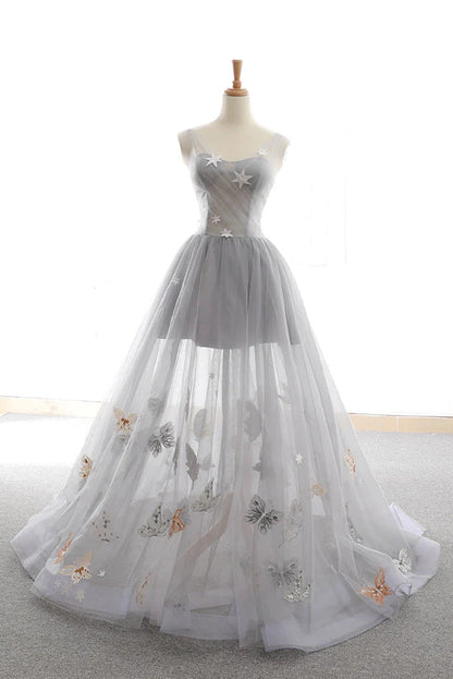 Gray sweetheart tulle long prom dress gray evening dress