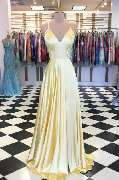 Simple yellow satin long prom dress, yellow evening dress