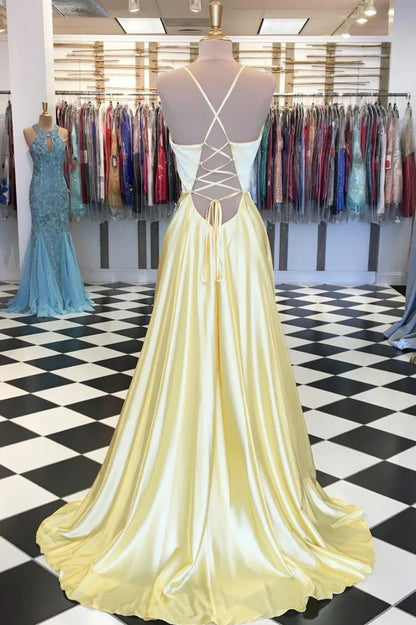 Simple yellow satin long prom dress, yellow evening dress