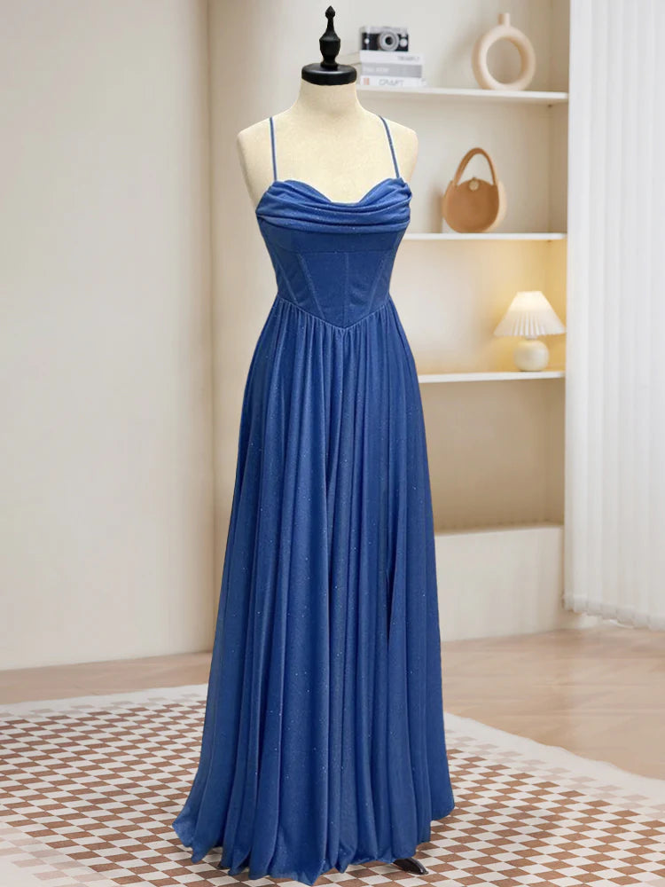 Sweetheart Neck Blue Long Prom Dress Backless Blue Long Evening Dress