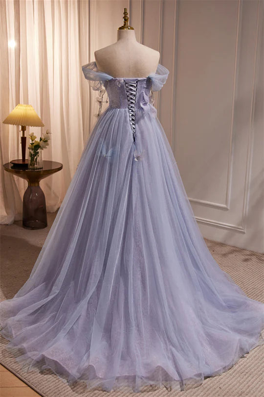 Off the Shoulder Lilac Tulle Formal Prom Dress with Butterflies