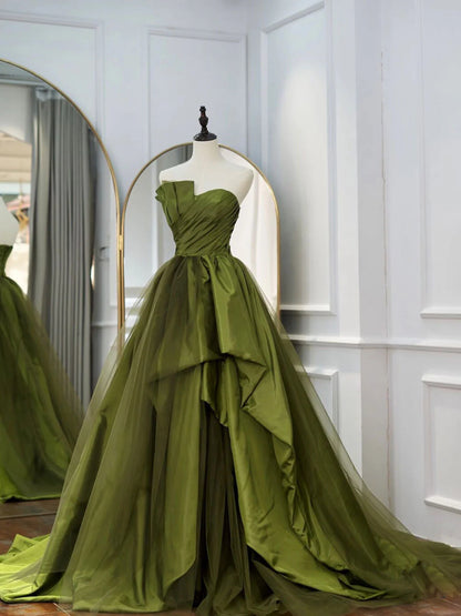 Green Satin Long Prom DressesTulle Green Formal Evening Dresses