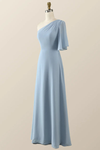 One Shoulder Blue Chiffon Long Bridesmaid Dress