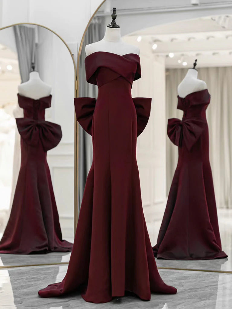 Simple Off Shoulder Satin Burgundy Long Prom Dresses