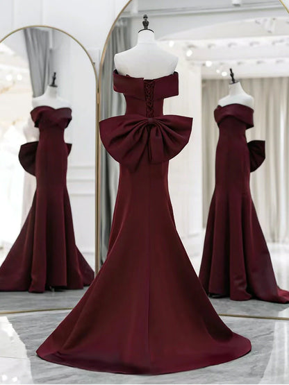 Simple Off Shoulder Satin Burgundy Long Prom Dresses