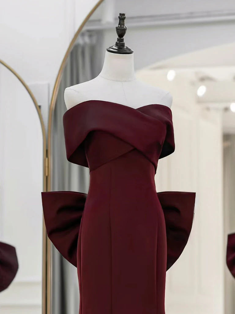 Simple Off Shoulder Satin Burgundy Long Prom Dresses