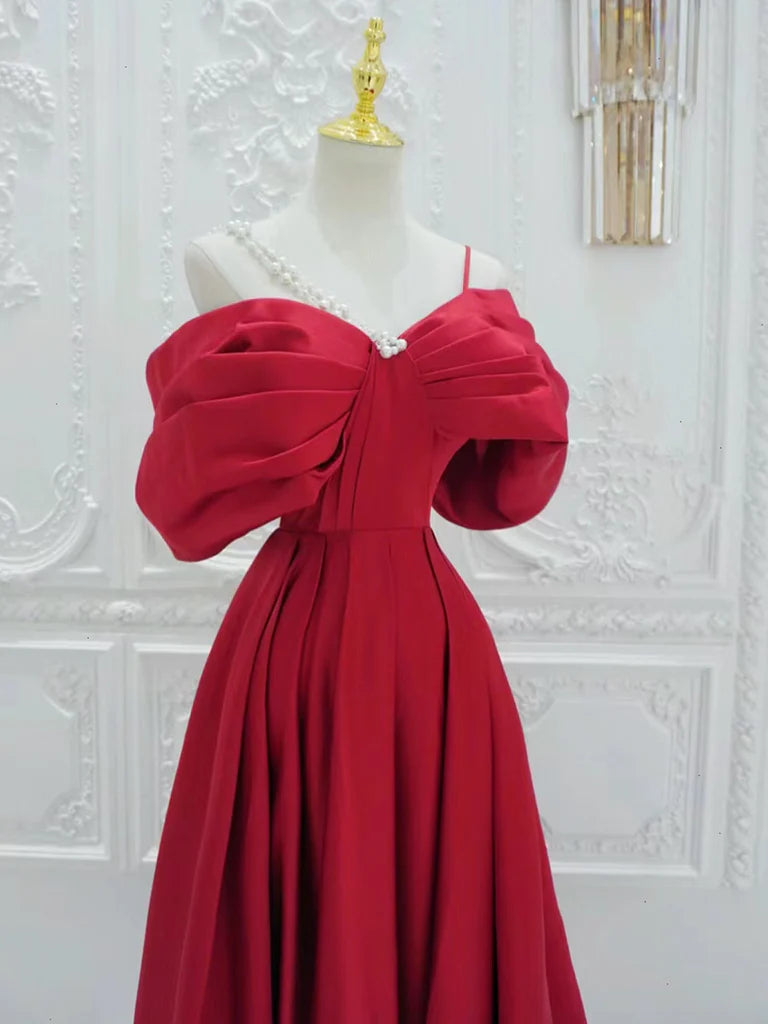 A-Line Off Shoulder Satin Red Long Prom Dress