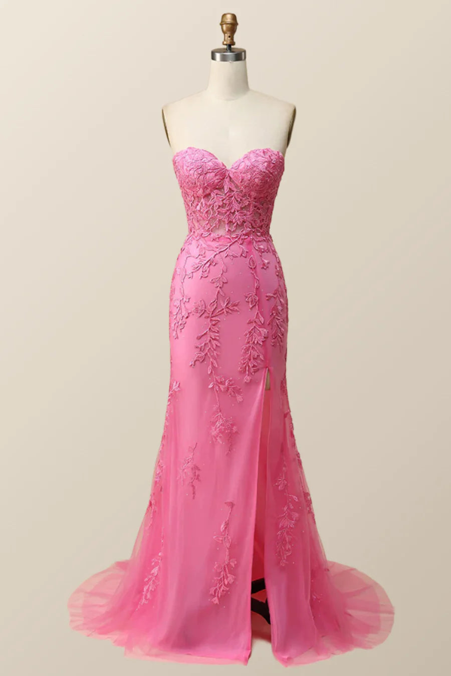 Two Pieces Hot Pink Lace Top Long Mermaid Beaded Prom Dresses, PD0240