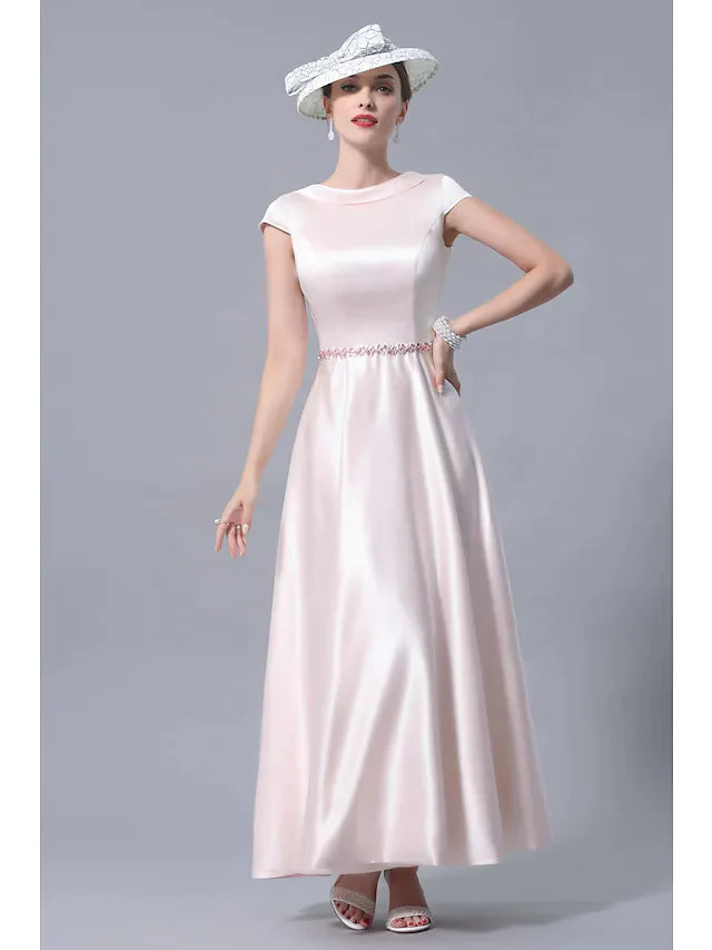 A-Line Mother of the Bride Dress Plus Size Cowl Neck Ankle Length Satin Short Sleeve with Crystals