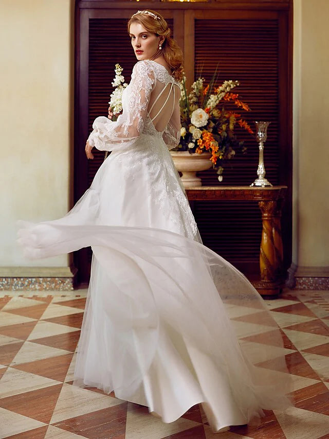 A-Line Wedding Dresses V Neck Lace Tulle Long Sleeve See-Through with Appliques