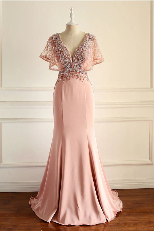 Unique pink beads chiffon long prom dress pink evening dress