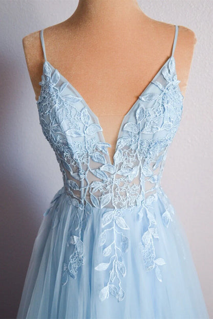 Straps Blue Lace Appliques A-line Long Formal Prom Dress