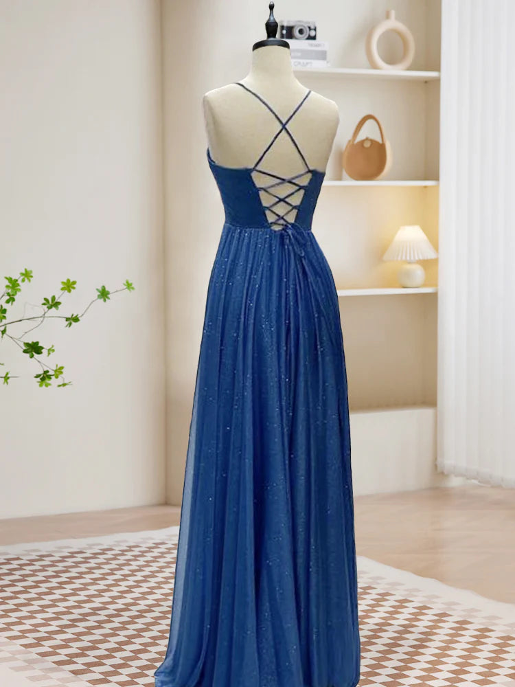 Sweetheart Neck Blue Long Prom Dress Backless Blue Long Evening Dress