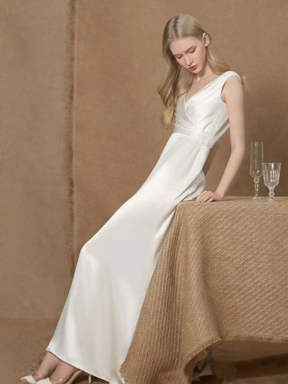 A-Line Wedding Dresses V Neck Charmeuse Sleeveless Simple Vintage with Ruched