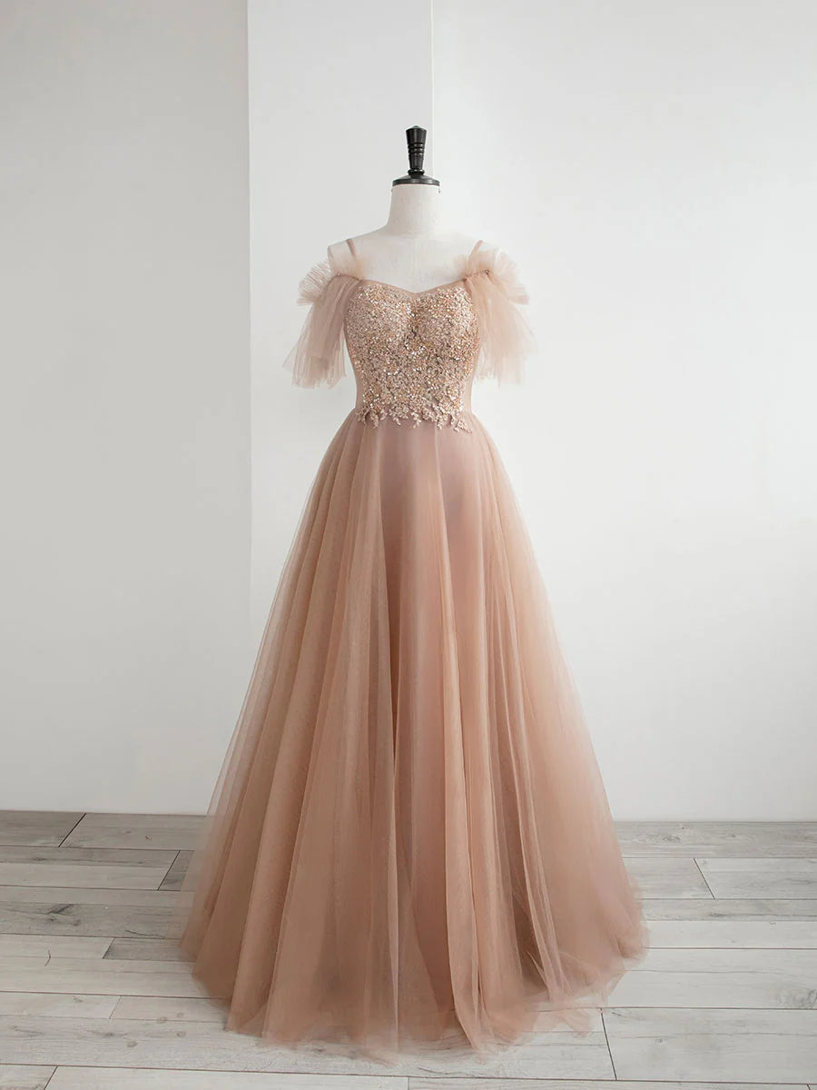 Champagne A line tulle lace long prom dress champagne evening dress