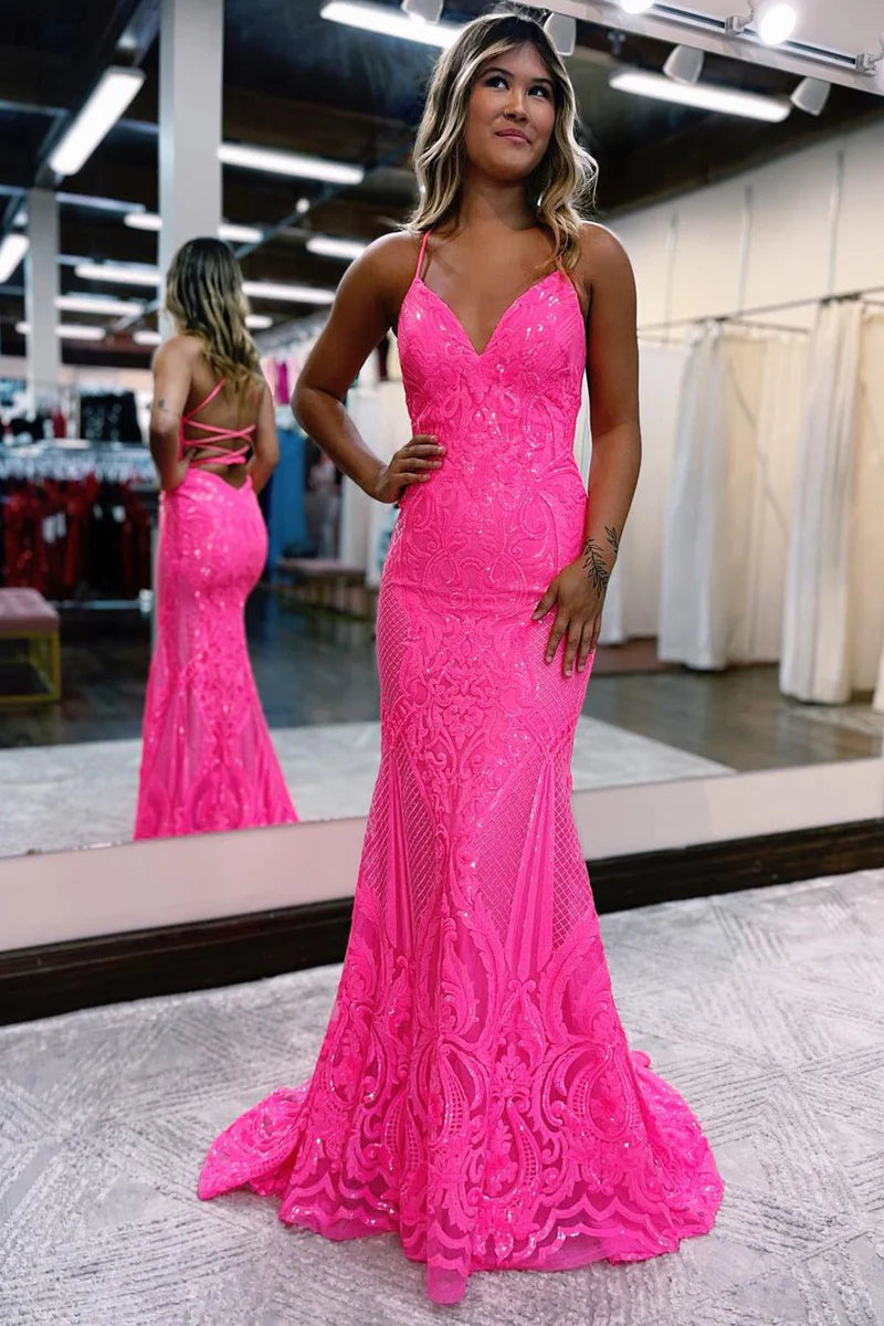 Hot Pink V Neck Sequin Lace Mermaid Long Prom Dresses