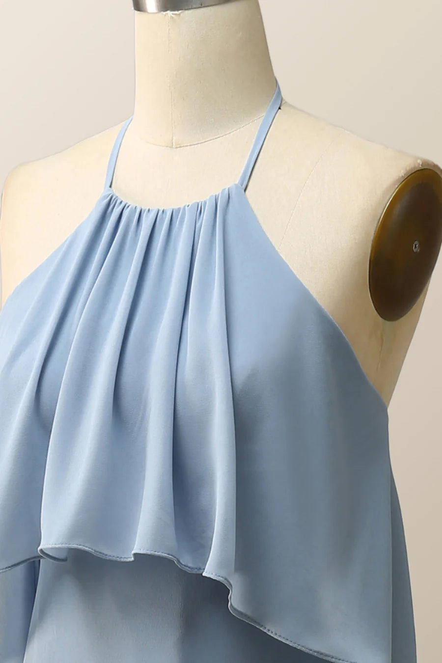 Halter Misty Blue Ruffle Chiffon Long Bridesmaid Dress