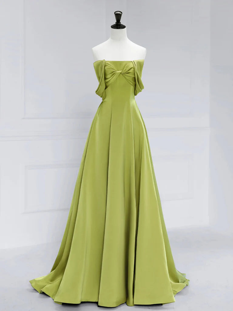 Satin Off Shoulder Green Long Prom Dress Green Long Formal Dress