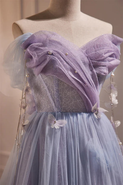 Off the Shoulder Lilac Tulle Formal Prom Dress with Butterflies