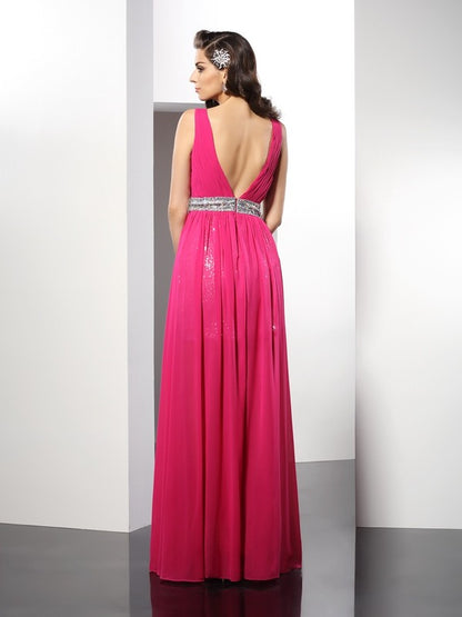 A-Line/Princess V-neck Paillette Sleeveless Long Chiffon Dresses