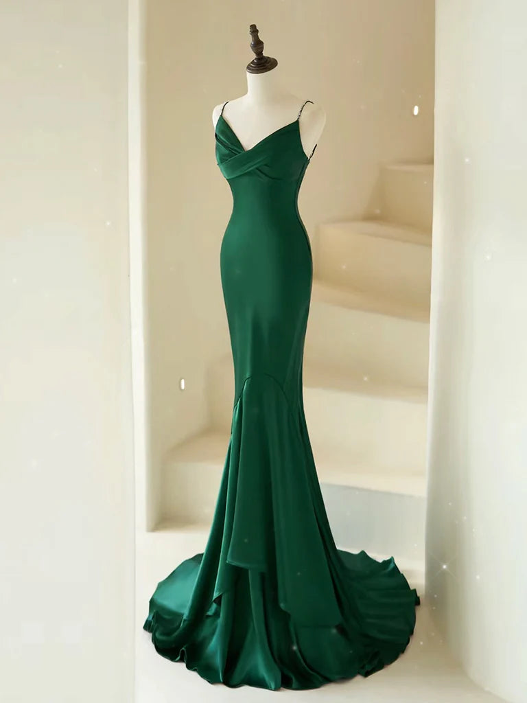 V Neck Satin Green Long Prom Dress Green Long Evening Dress