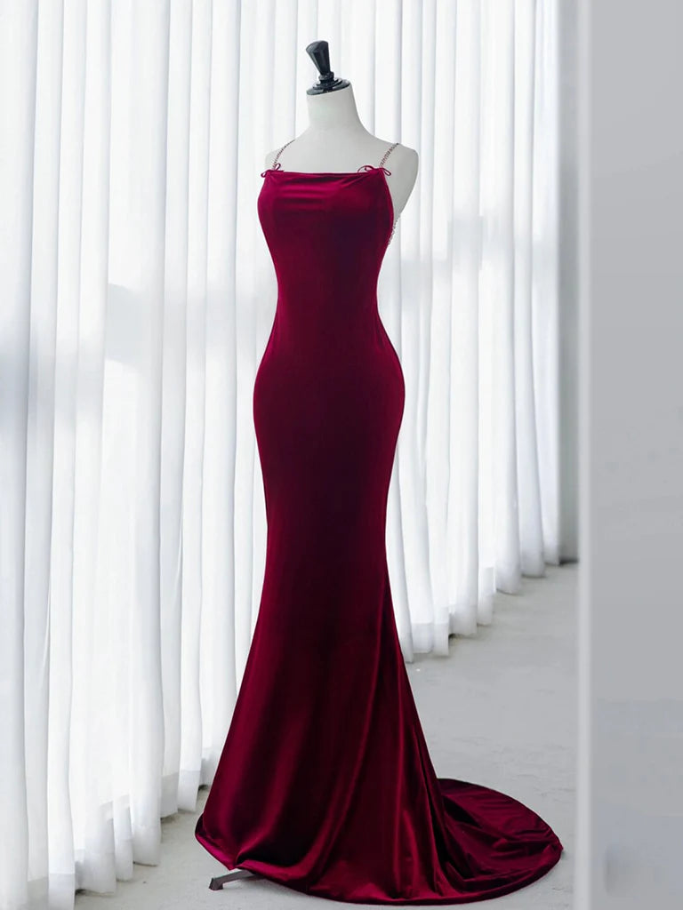 Simple Velvet Mermaid Burgundy Long Prom Dress