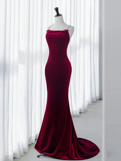 Simple Velvet Mermaid Burgundy Long Prom Dress