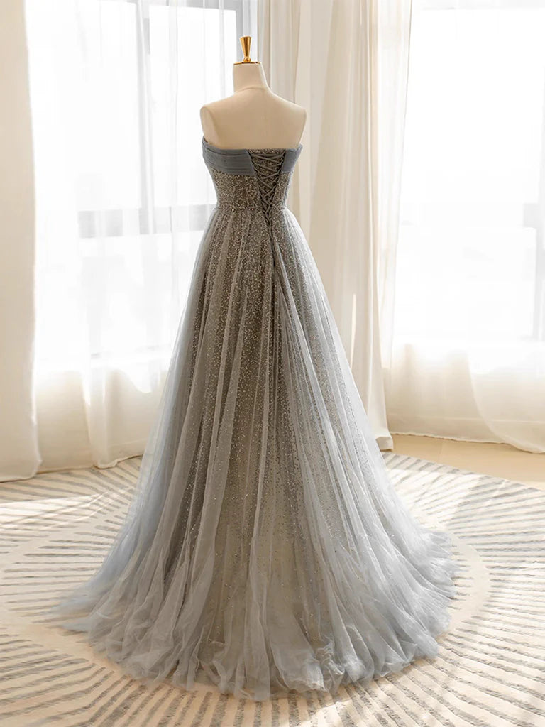 A-Line Gray Tulle Sequin Long Prom Dress