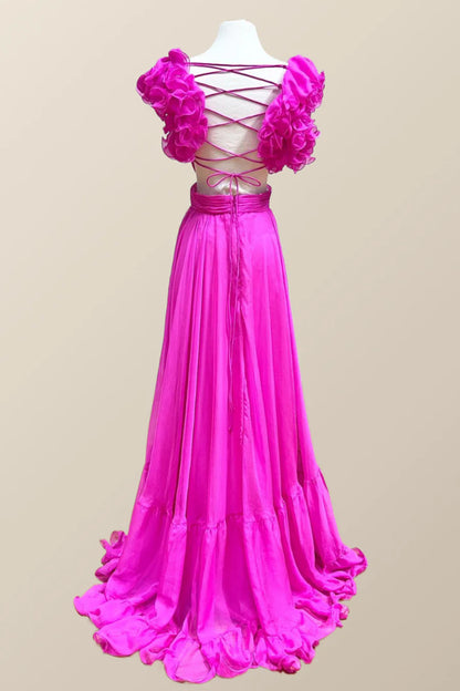 Ruffle Straps Fuchsia Pleated A-line Prom Dress