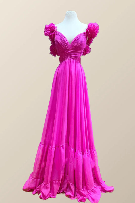 Ruffle Straps Fuchsia Pleated A-line Prom Dress